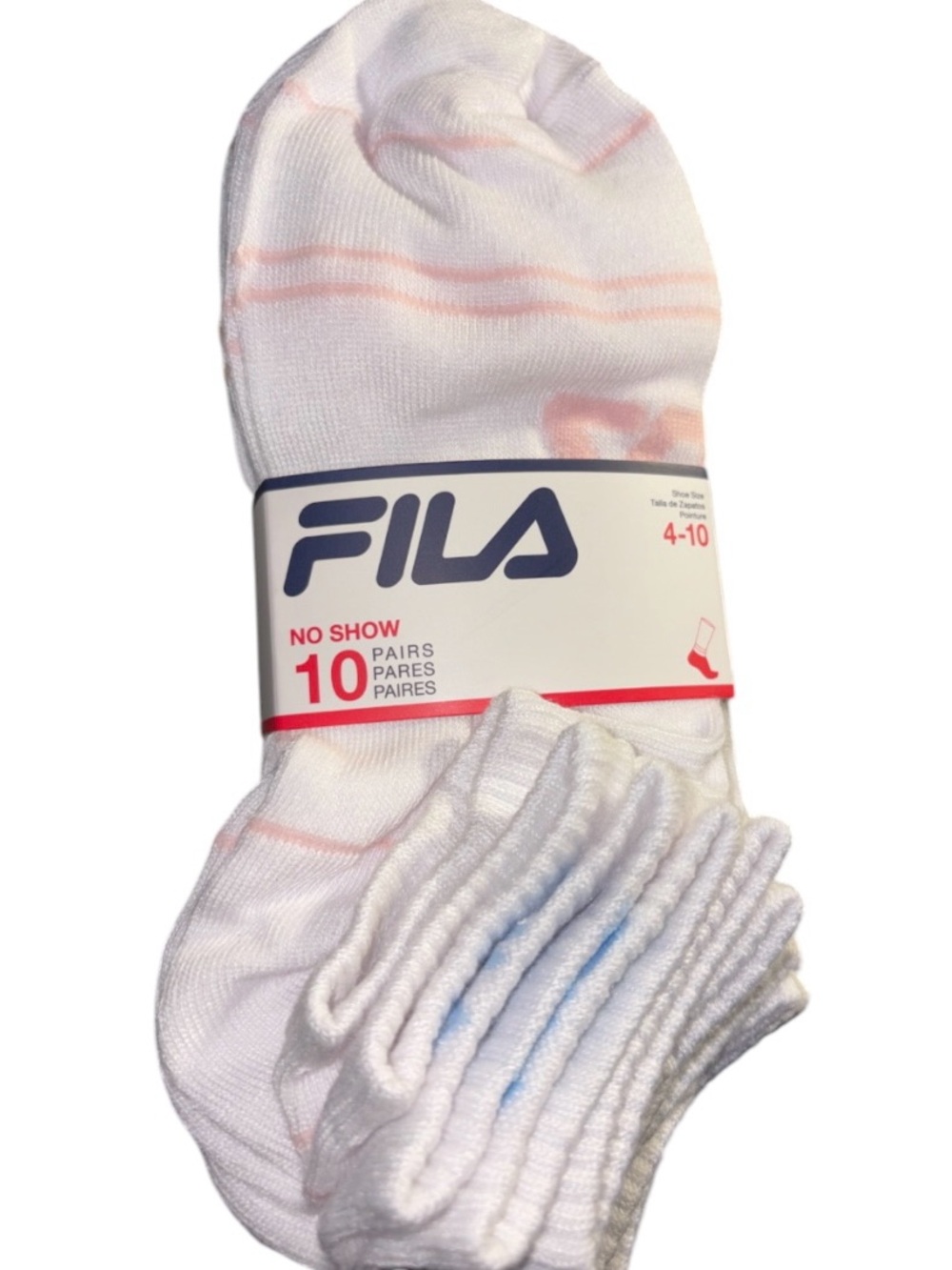 FILA No Show Athletic Socks with Pink Stripe Accents - 10 Pairs